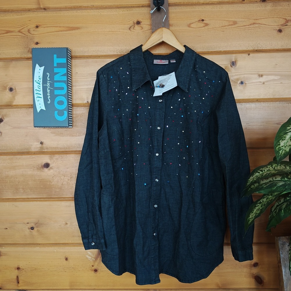 NWT Quacker Factory Rhinestone Embellished Chambray Denim Shirt Top Pockets Sz L